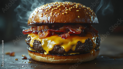 A delicious, freshly grilled burger with steam and smoke wafting enticingly from its juicy patty, dripping with melted cheese and layered with fresh ingredients; this image highlights the mouthwaterin photo