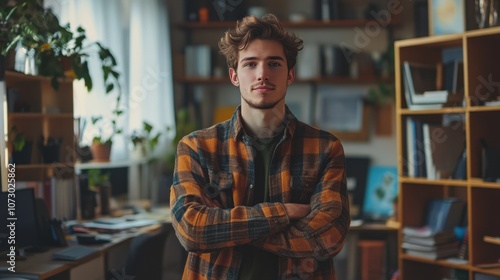 Confident Young Man in a Cozy Workspace Surrounded by Books and Plants