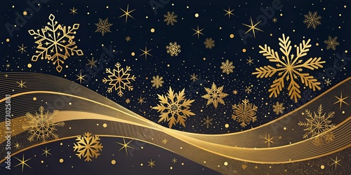 A luxurious and elegant background with golden snowflakes and stars on a dark blue background. The image evokes a sense of winter wonder and festive cheer.