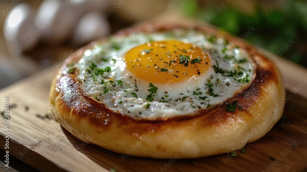 Delicious Egg-Topped Bread on a Wooden Board Delicious Egg-Topped Bread on a Wooden Board