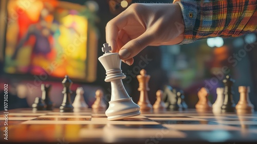 A person moves a white king chess piece on a chessboard, captured in a strategic moment during a game of chess.