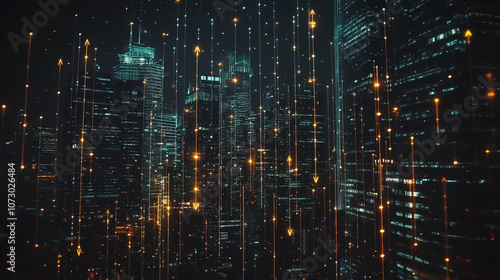 Wallpaper Mural Smart digital Innovation city Business skyscrapers in the Financial District with connection network reciprocity over the cityscape. of future smart wireless digital city and social media networking Torontodigital.ca