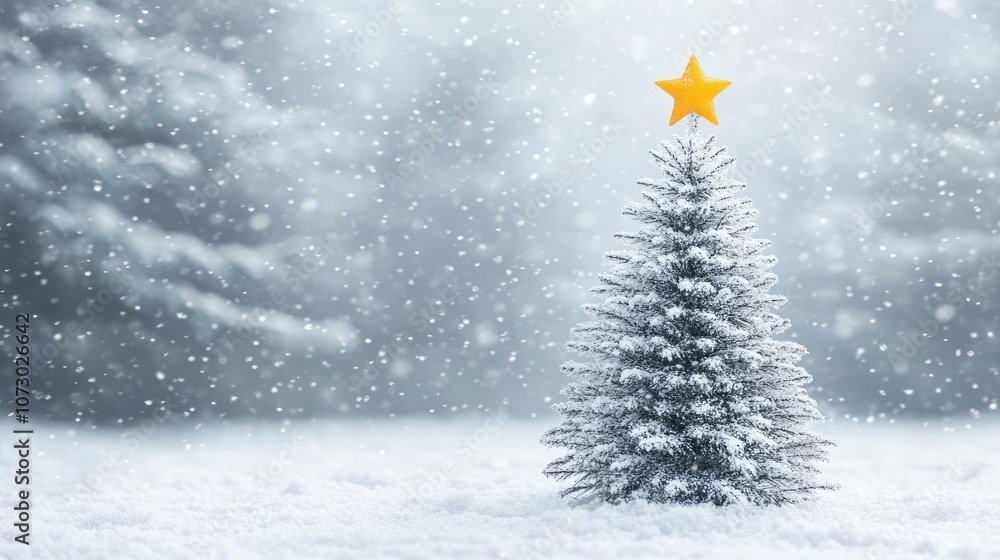 Snowy Winter Landscape Featuring a Decorated Christmas Tree with a Bright Yellow Star Against a Soft Blurred Background of Evergreen Trees and Falling Snowflakes Snowy Winter Landscape Featuring a Decorated Christmas Tree with a Bright Yellow Star Against a Soft Blurred Background of Evergreen Trees and Falling Snowflakes