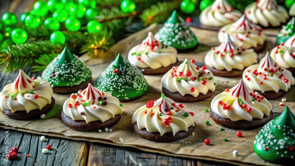 Festive Christmas cookies decorated with white frosting, red and green sprinkles, and chocolate, arranged on parchment paper with festive green garland in the background. Festive Christmas cookies decorated with white frosting, red and green sprinkles, and chocolate, arranged on parchment paper with festive green garland in the background.