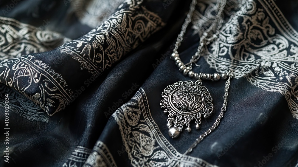 Obraz premium Elegant Silver Jewelry on Dark Fabric Background