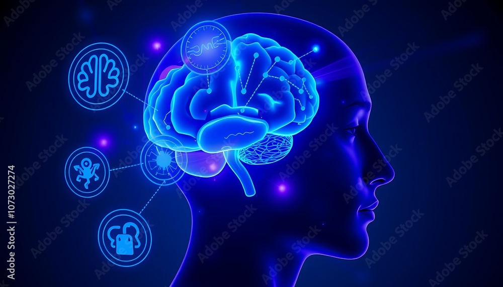 Obraz premium Human Brain with Neon Icons,