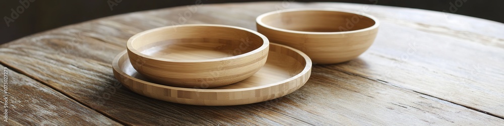 Wooden bowls on rustic table, simplicity and craft concept. Wooden bowls on rustic table, simplicity and craft concept.