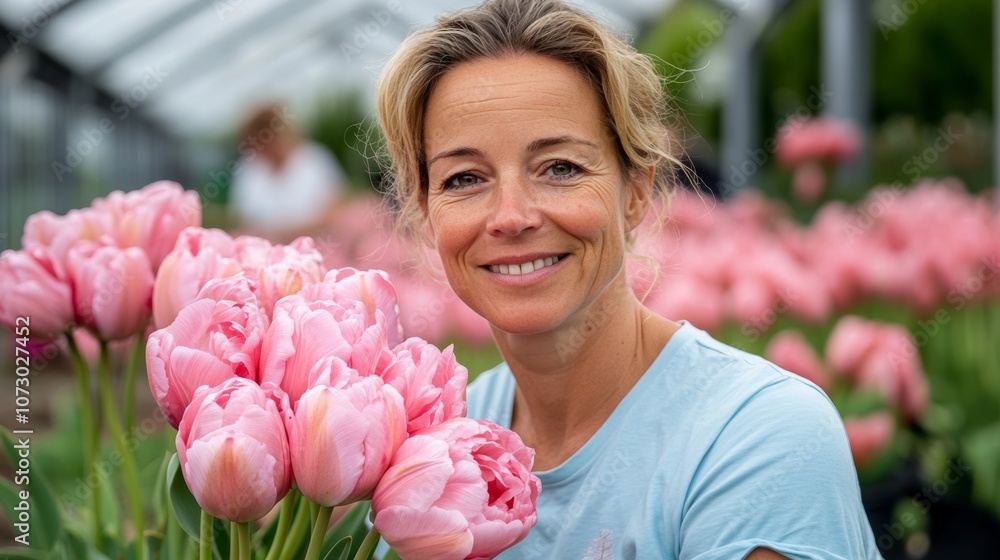 Fototapeta premium Woman is smiling while holding a bunch of pink flowers. The flowers are arranged in a vase and are placed on a table. The woman is happy and content with the flowers
