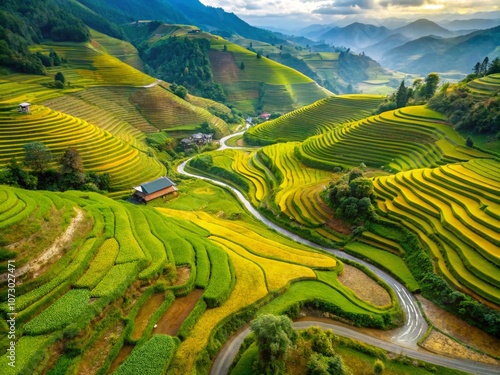 Breathtaking Aerial View of Terraced Rice Fields Ready for Harvest Along the Highway in Yen Bai, Vietnam’s Scenic Northwest Region photo