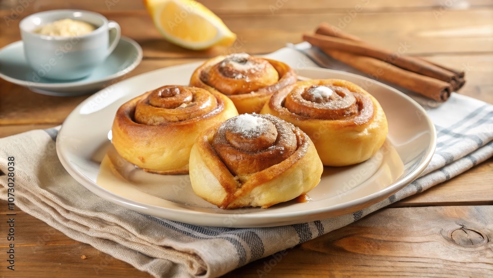 Sweet Cinnamon Rolls on a Plate with Powdered Sugar and Cinnamon Sticks Sweet Cinnamon Rolls on a Plate with Powdered Sugar and Cinnamon Sticks