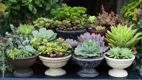 A Lush Collection of Vibrant Succulent Plants Arranged in Decorative Pots, Showcasing Various Colors and Textures for Home Decor and Gardening Inspiration