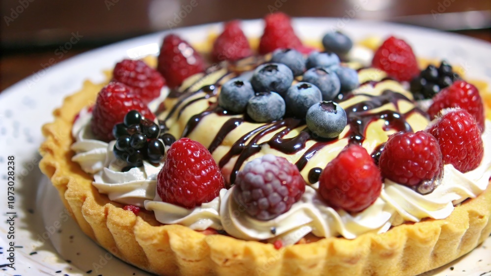 A Delicious Pastry with Fresh Berries and a Drizzle of Chocolate Glaze A Delicious Pastry with Fresh Berries and a Drizzle of Chocolate Glaze