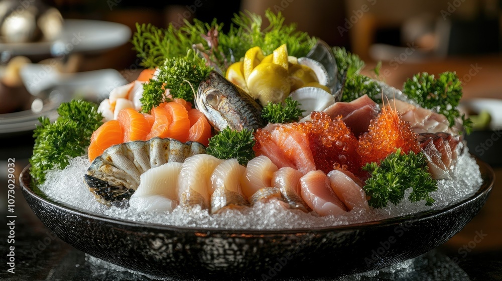 Assortment of fresh fish and shellfish on ice, arranged beautifully with parsley garnish to enhance the colors and freshness. Assortment of fresh fish and shellfish on ice, arranged beautifully with parsley garnish to enhance the colors and freshness.