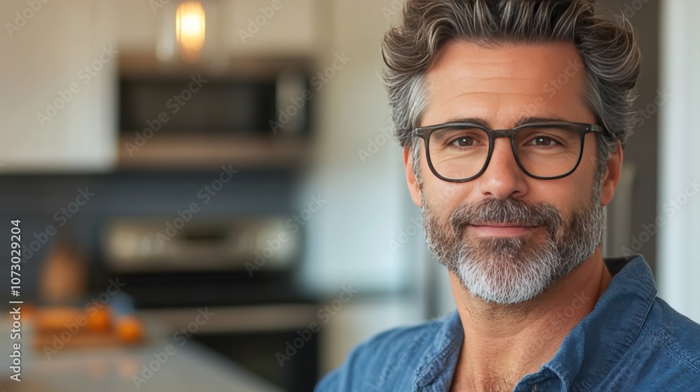 Confident Middle-Aged Man with Glasses Smiling in Modern Kitchen Setting Confident Middle-Aged Man with Glasses Smiling in Modern Kitchen Setting