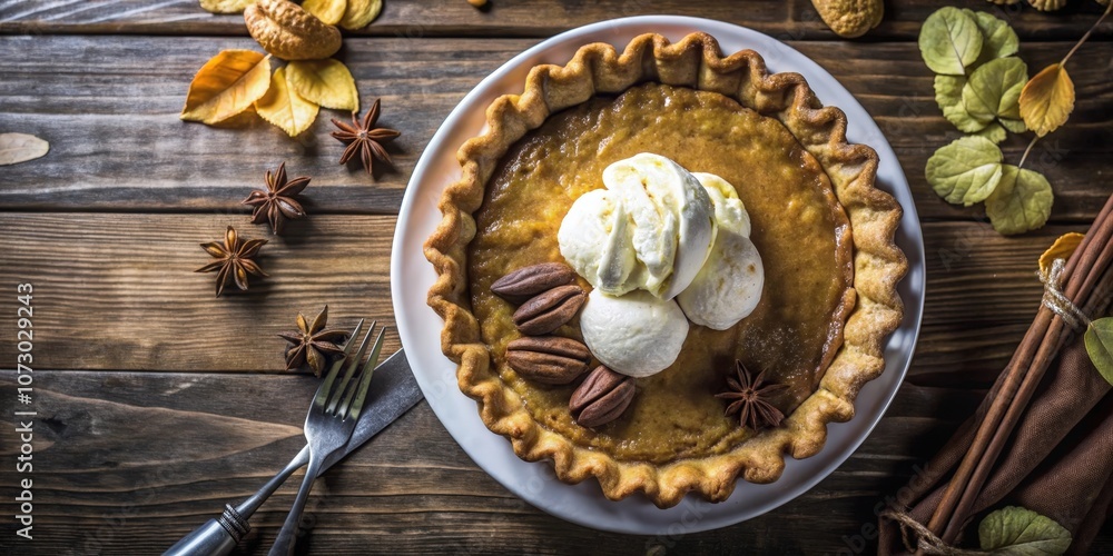 A Homemade Pumpkin Pie with a Flaky Crust, Topped with Vanilla Ice Cream and Pecan Halves, Presented on a Rustic Wooden Surface with Aromatic Star Anise and Cinnamon Sticks A Homemade Pumpkin Pie with a Flaky Crust, Topped with Vanilla Ice Cream and Pecan Halves, Presented on a Rustic Wooden Surface with Aromatic Star Anise and Cinnamon Sticks
