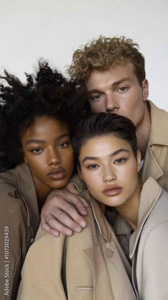 Three people are posing for a photo, with one woman wearing a brown jacket Three people are posing for a photo, with one woman wearing a brown jacket