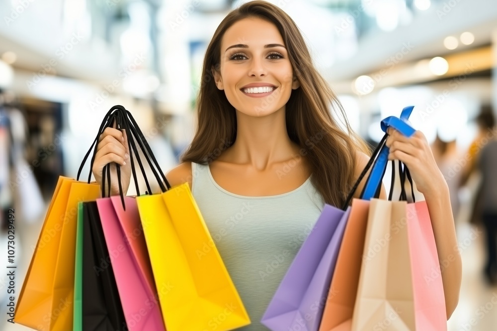 Front view of a happy young woman shopper holding a bunch of colorful shopping bags Front view of a happy young woman shopper holding a bunch of colorful shopping bags
