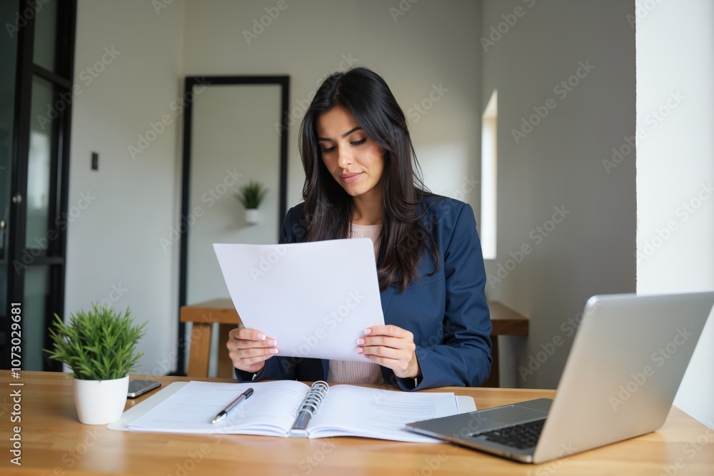 Professional woman analyzing documents at work desk in modern office setting Professional woman analyzing documents at work desk in modern office setting