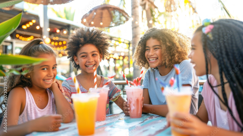 In a lively outdoor cafe, a group of girls shares cheerful smiles while sipping on colorful drinks. National drinking straw day banner January 3 In a lively outdoor cafe, a group of girls shares cheerful smiles while sipping on colorful drinks. National drinking straw day banner January 3