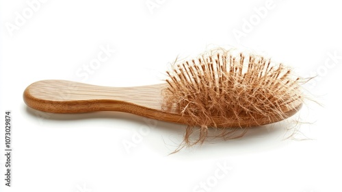 A hairbrush covered in loose hair, isolated on a clean white background, highlighting the effects of hair fall or thinning hair photo