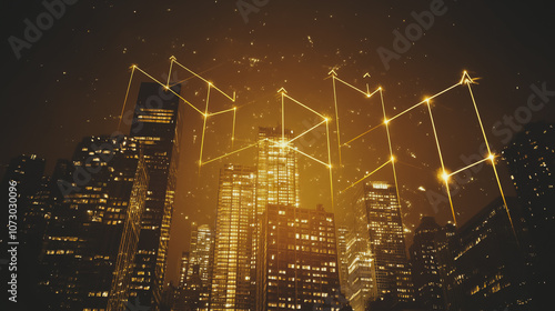 Wallpaper Mural Smart digital Innovation city Business skyscrapers in the Financial District with connection network reciprocity over the cityscape. of future smart wireless digital city and social media networking Torontodigital.ca