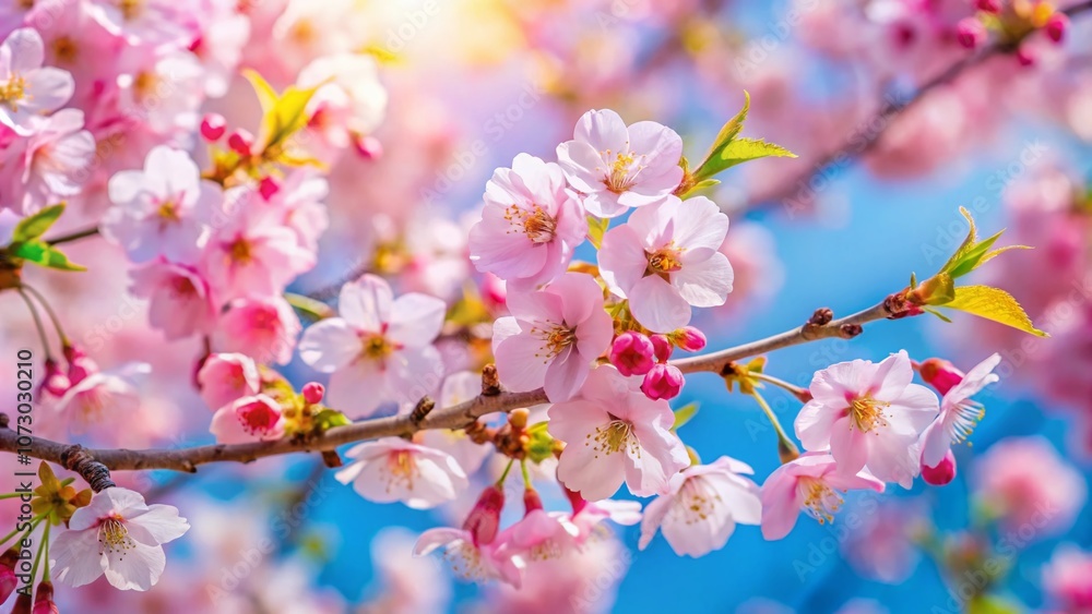 Bright Cherry Blossoms in Full Bloom Against a Clear Blue Sky - Stunning Spring Flower Display Captured in Tilt-Shift Photography for Seasonal Beauty and Nature Lovers Bright Cherry Blossoms in Full Bloom Against a Clear Blue Sky - Stunning Spring Flower Display Captured in Tilt-Shift Photography for Seasonal Beauty and Nature Lovers