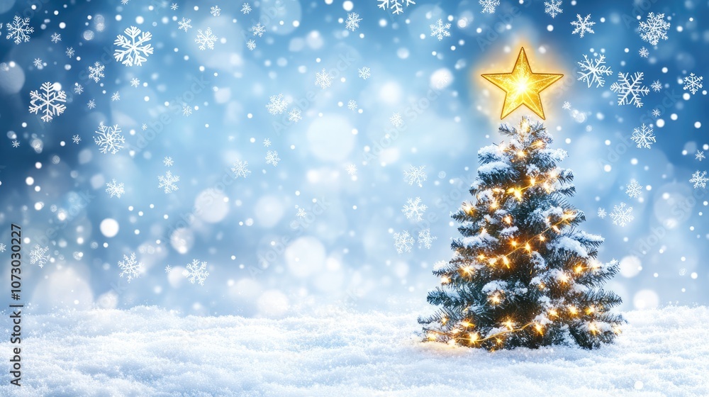 Beautiful Christmas Tree Decorated with Lights and a Star, Surrounded by Snowflakes Against a Soft Blue Background for Holiday Celebrations Beautiful Christmas Tree Decorated with Lights and a Star, Surrounded by Snowflakes Against a Soft Blue Background for Holiday Celebrations