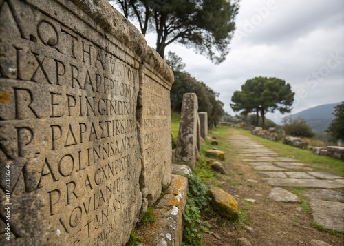 Candid Capture of Ancient Greek Alphabet and Antique Symbols on Weathered Stone, Showcasing Historical Linguistic Heritage and Artistic Expression in an Outdoor Setting photo