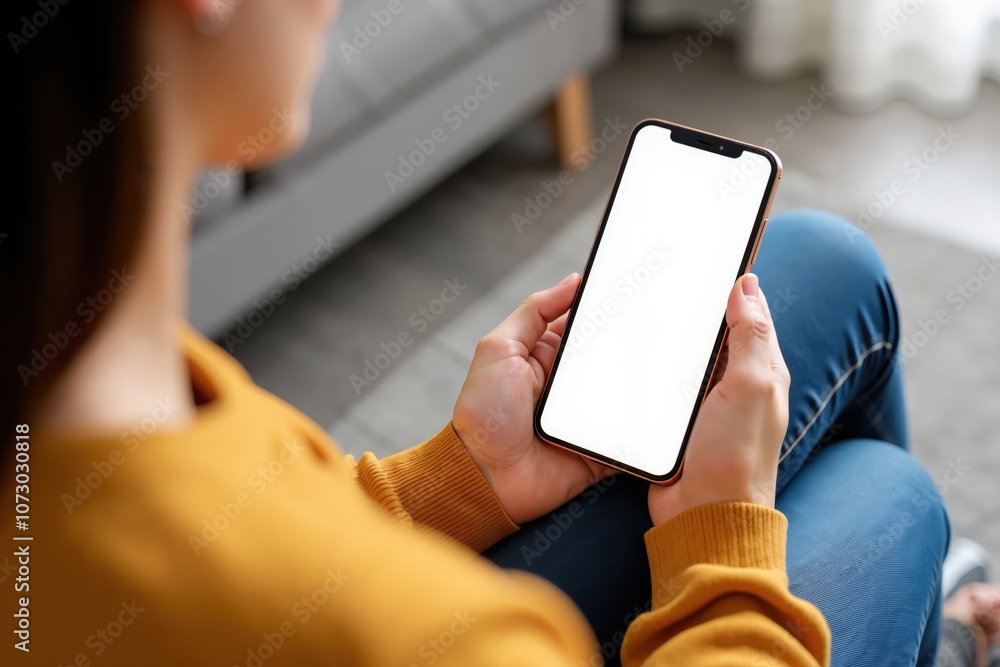 Woman holding smartphone with blank screen at home for app mockups and design prototypes Woman holding smartphone with blank screen at home for app mockups and design prototypes