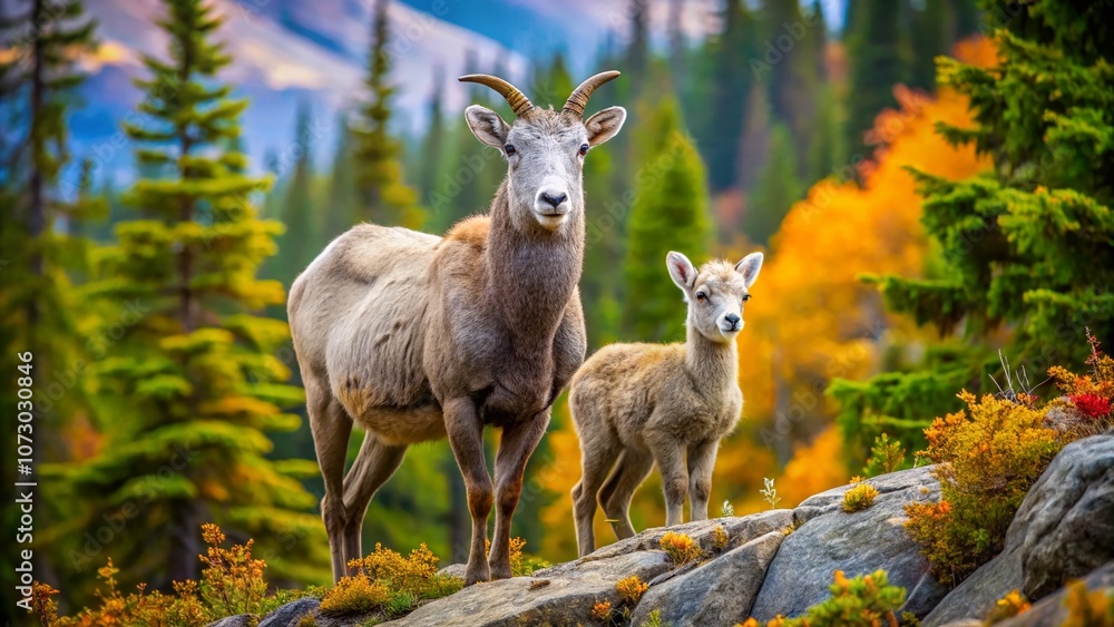 Fototapeta premium Candid Moment of Stone Sheep Ewe and Lamb in Lush Forest of Stone Mountain Provincial Park, Canada – Nature's Embrace Captured in Serene Wilderness