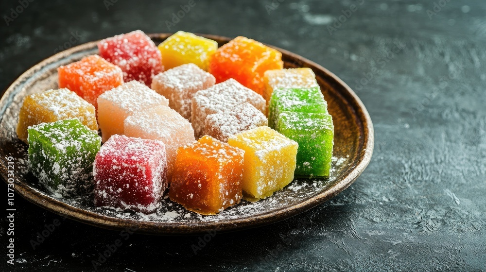 Colorful Turkish Delight on a Dark Plate Colorful Turkish Delight on a Dark Plate