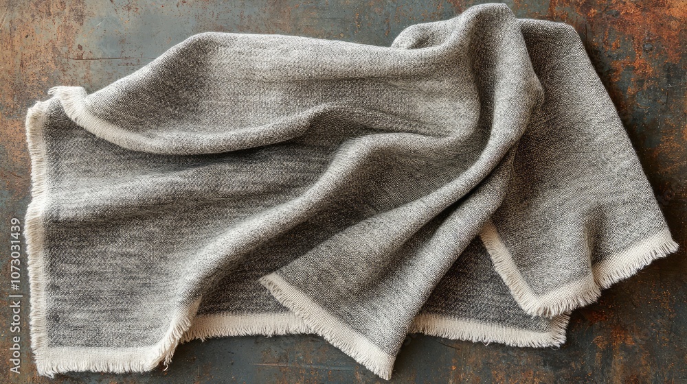 Fototapeta premium Soft and Cozy Gray Blanket with White Fringe on Rustic Background for Warm and Inviting Home Decor and Styling Ideas in Photography