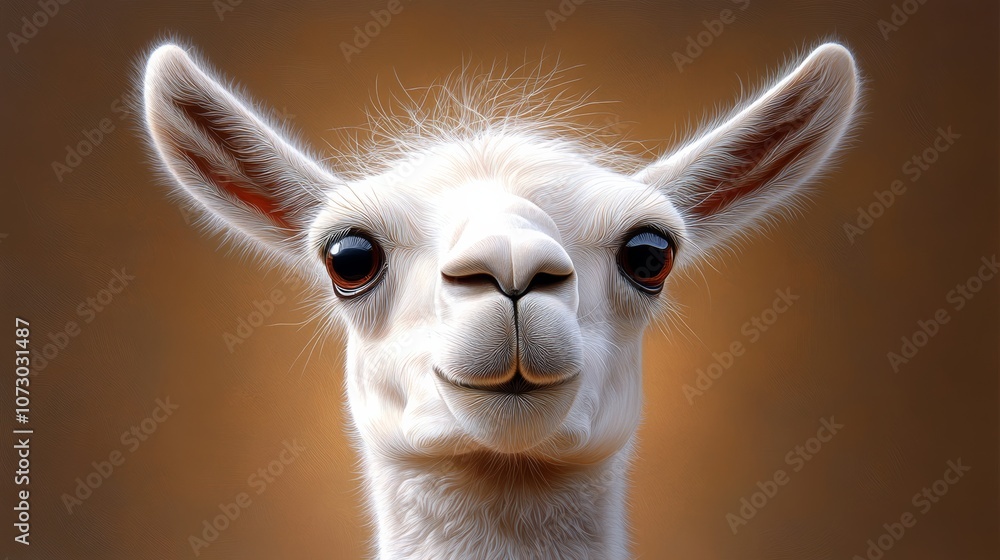 Fototapeta premium White llama with big eyes and a big smile. The image has a playful and lighthearted mood