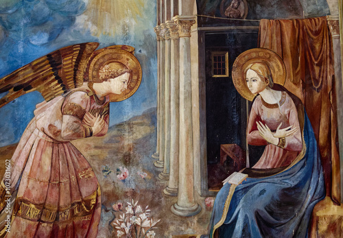 Quadro su tela Painting (19th century) of Annunciation to the Blessed Virgin Mary by the Archangel Gabriel