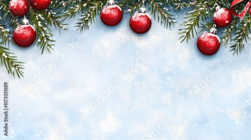 Festive Holiday Background with Green Pine Branches and Red Christmas Ornaments Against a Soft Blue Surface Perfect for Seasonal Designs and Celebrations