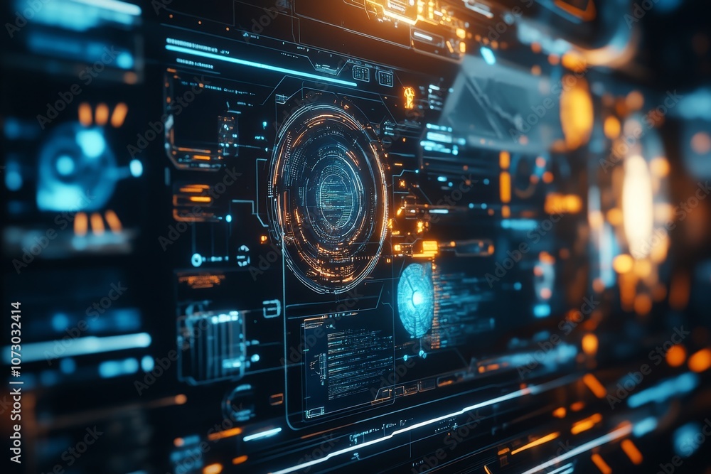Futuristic digital interface featuring glowing blue lights against an abstract technology background Futuristic digital interface featuring glowing blue lights against an abstract technology background
