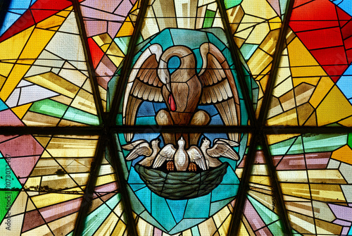 Canvas Print Stained glass of the Pelican is one of the biblical symbols representing Jesus Christ feeding mankind with his body and blood