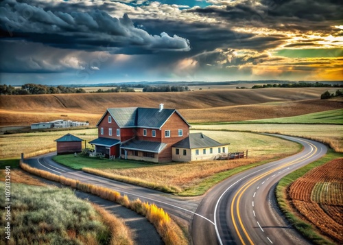 Wallpaper Mural Captivating Architectural Photography of a Serene Prairie Road Surrounded by Expansive Fields and Unique Structures, Highlighting Nature's Harmony with Modern Design Elements Torontodigital.ca