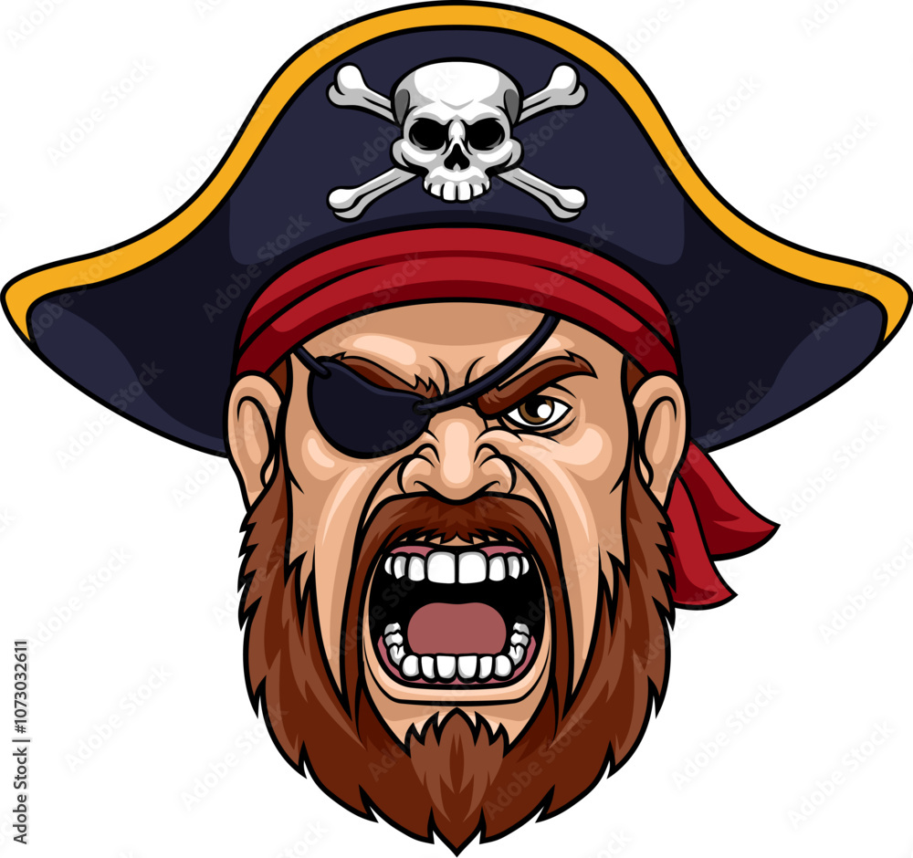 Obraz premium Pirate captain head or face, angry cartoon sports mascot man illustration.