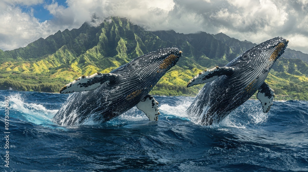 Fototapeta premium Majestic Humpback Whales Breaching in Vibrant Ocean Against Lush Mountainous Backdrop, Showcasing the Beauty of Marine Life and Nature's Wonders