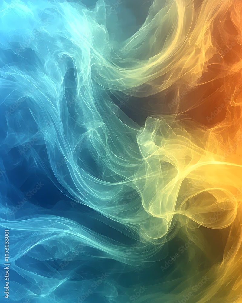 Fototapeta premium An abstract swirl of colorful smoke, blending vibrant shades of blue, orange, and yellow. The ethereal movement creates a sense of fluidity and dynamic beauty.