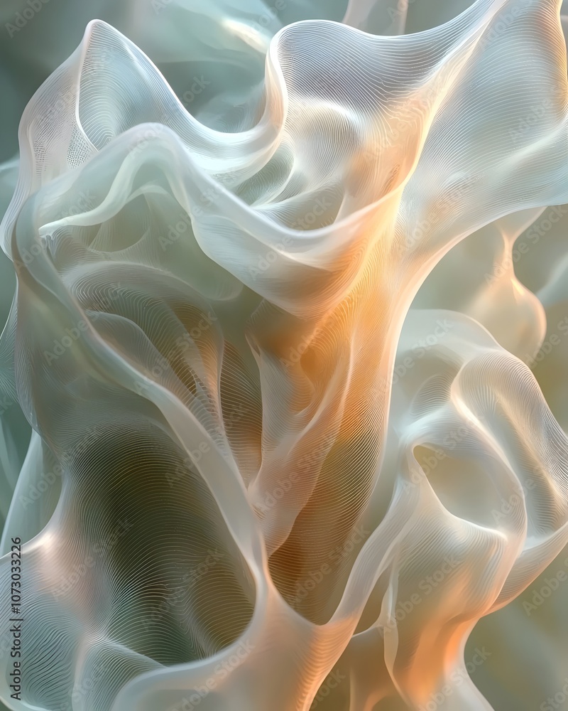 Obraz premium An abstract composition featuring flowing, translucent fabric in soft hues of white and orange, creating an ethereal and serene atmosphere.