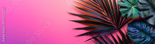 Wallpaper Mural Bright tropical leaves with neon lighting, gradient background, vibrant summer botanical aesthetic Torontodigital.ca