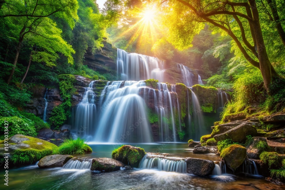 Captivating Candid Photography of a Serene Cascade Waterfall Surrounded by Lush Greenery and Sunlit Forest, Evoking Tranquility and Natural Beauty for Your Creative Projects Captivating Candid Photography of a Serene Cascade Waterfall Surrounded by Lush Greenery and Sunlit Forest, Evoking Tranquility and Natural Beauty for Your Creative Projects