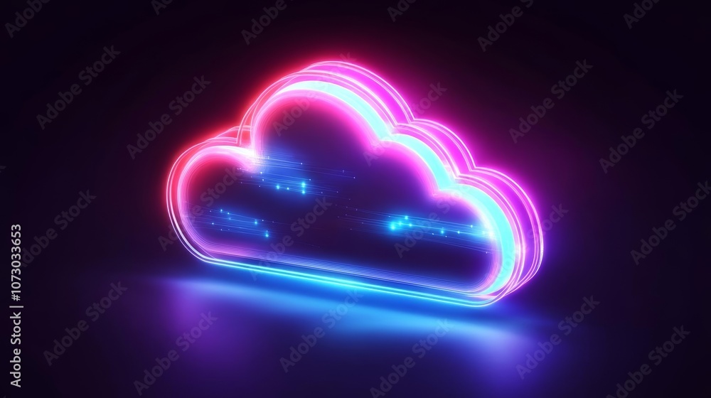 Digital cloud icon connecting secure nodes, CRM data network visualization, neon blue tones Digital cloud icon connecting secure nodes, CRM data network visualization, neon blue tones