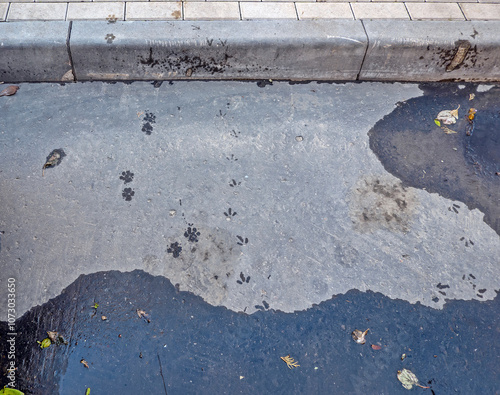 Wet footprints of a bird and a dog are visible on the asphalt