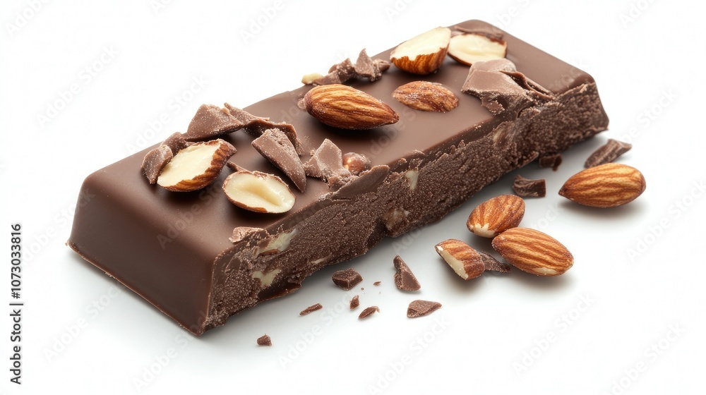 Chocolate ice cream bar with almonds and a smooth coating, isolated on white, showing off the detailed textures and shine. Chocolate ice cream bar with almonds and a smooth coating, isolated on white, showing off the detailed textures and shine.