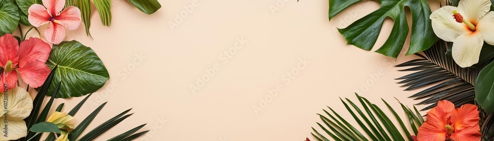 Lush tropical plants and flowers on warm gradient, glowing summer background, exotic foliage frame Lush tropical plants and flowers on warm gradient, glowing summer background, exotic foliage frame