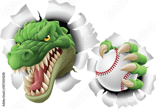 A crocodile, dinosaur or alligator lizard sports mascot holding a baseball ball