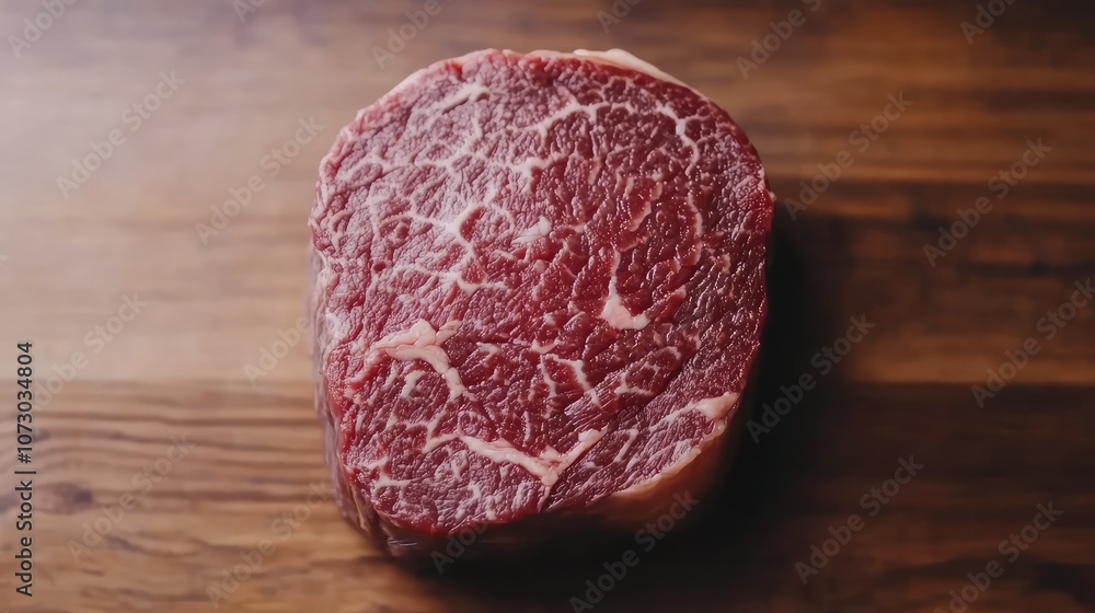 Obraz premium Fresh and High-Quality Beef Steak on Wooden Surface, Showcasing Rich Marbling and Texture for Culinary Inspiration and Delicious Cooking Ideas